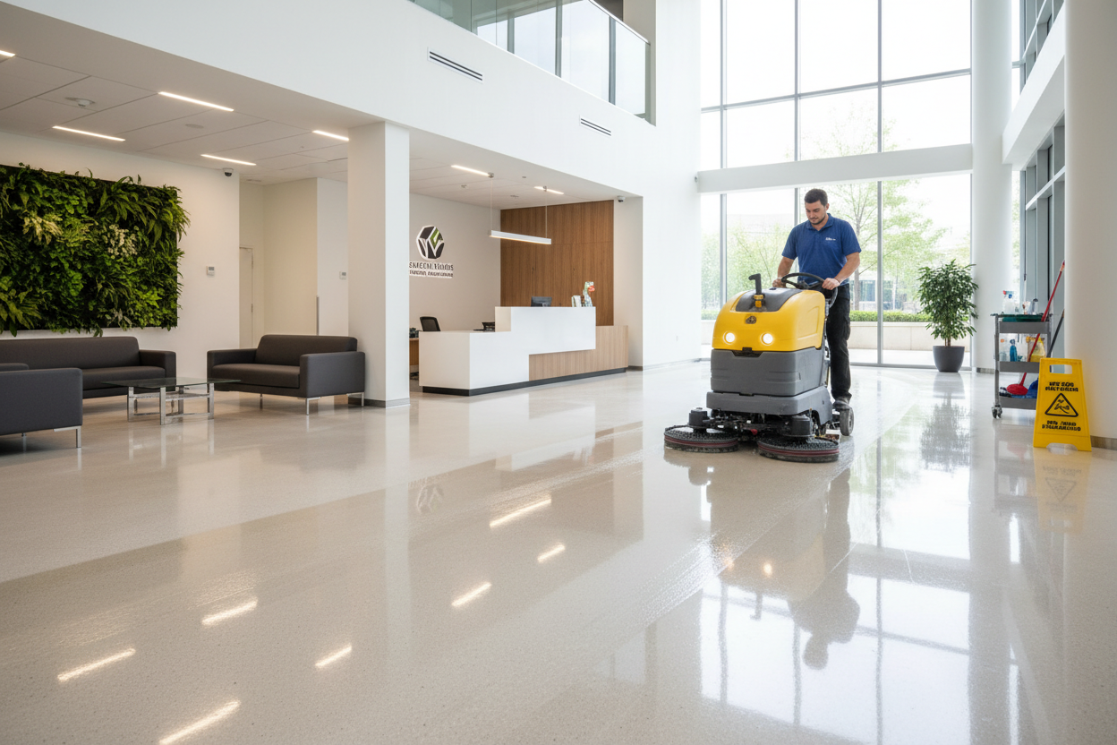 cleaning an office floor lobby